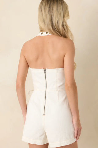 Cove Denim Halter Playsuit, White