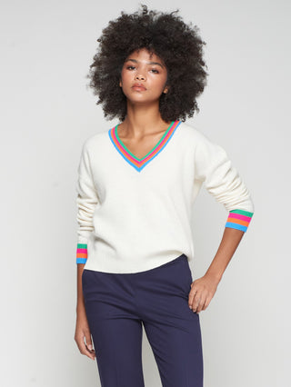 V-Neck Knit, Ecru Multicolor