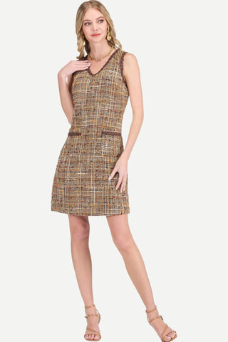 V-Neck Trimmed Pocket Dress, Brown Tweed