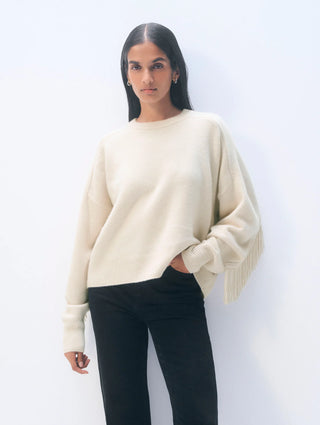 Cashmere Blend Luxe Fringe Crew, Ivory
