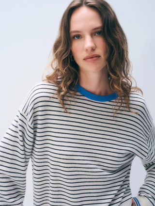 Cashmere Striped Crewneck, White/Navy/Azure