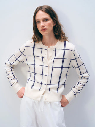 Cashmere Windowpane Cardigan, White/Navy