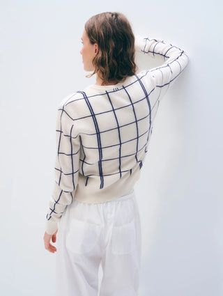 Cashmere Windowpane Cardigan, White/Navy