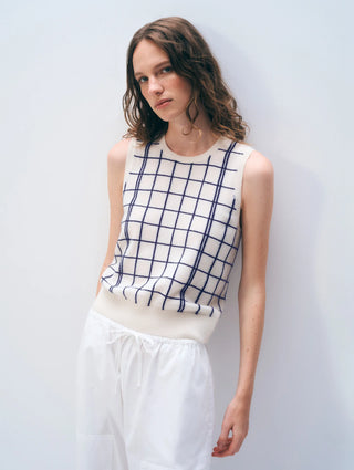 Cashmere Windowpane Vest, White/Navy