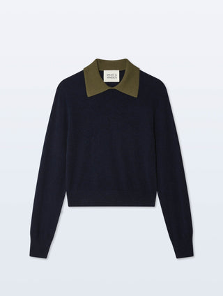 Cashmere Contrast Collar Sweater, Deep Navy/Olive