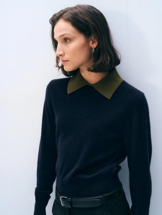 Cashmere Contrast Collar Sweater, Deep Navy/Olive