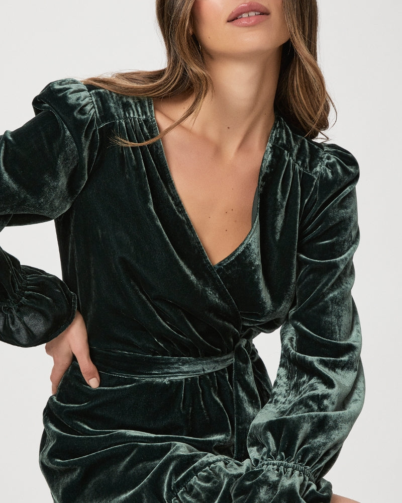 paige ysabel wrap mini dress PAIGE Women's Ysabel Dress - Dark Forest Velvet | Size Xxs