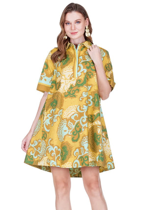 Placket Swing Dress, Saffron Scroll