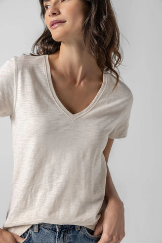 V-Neck Short Sleeve Back Seam Tee, Canvas