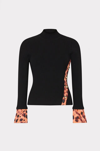 Printed Satin Cuff Knit Mockneck Top, Black/Cheetah