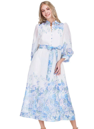 Stand Collar A-Line Dress, Blue Wildflower