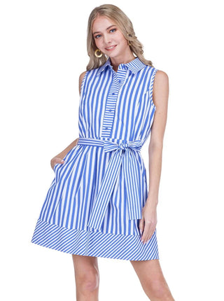 Buttons Sleeveless Dress, Blue Stripe