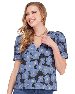 V-Neck Puff Sleeve Top, Denim Petal