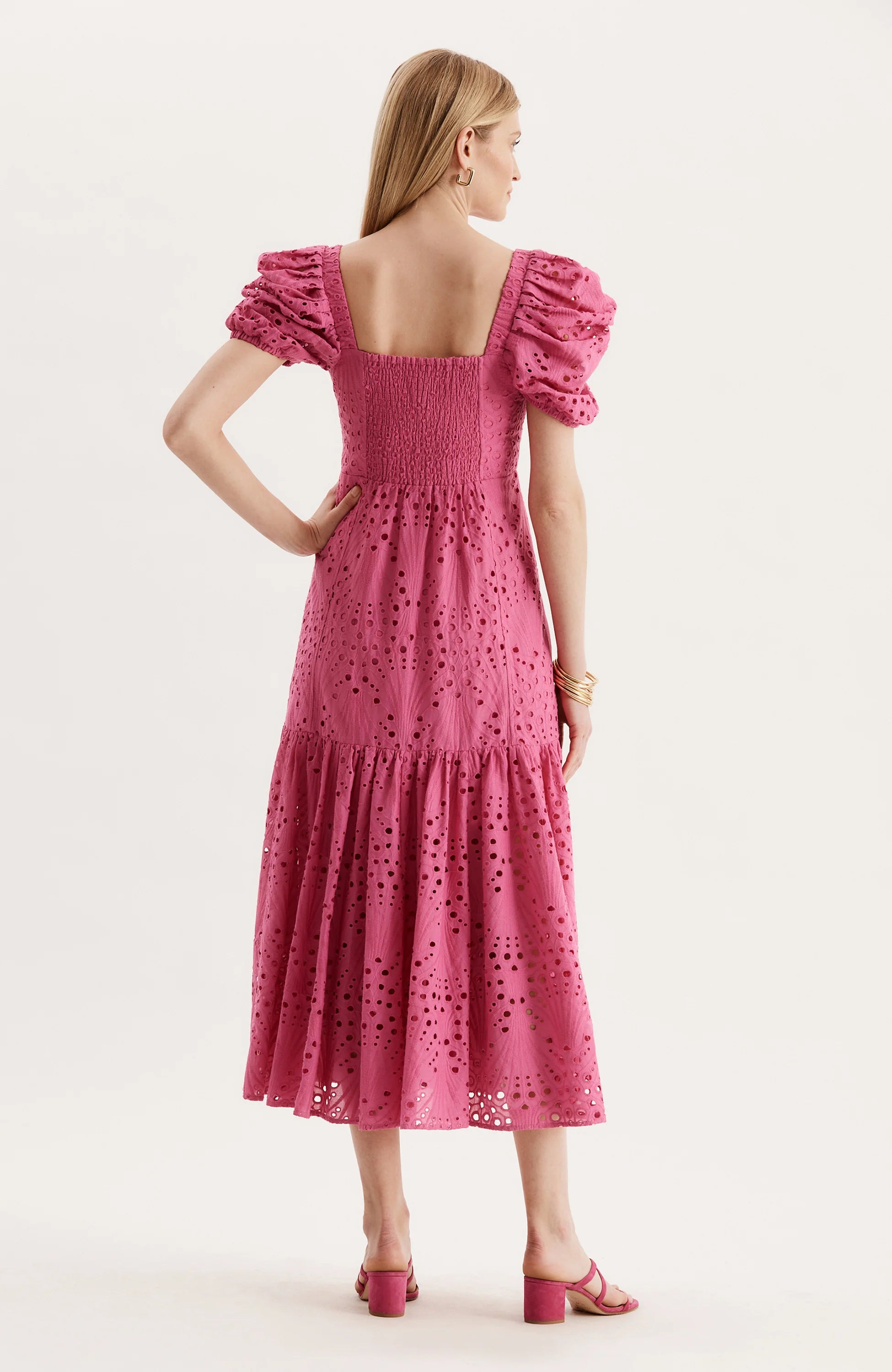 Cleo Eyelet Midi Dress, Hot Pink 2 Cleo Eyelet Midi Dress, Hot Pink 2