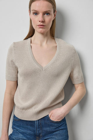 Short Sleeve V-Neck Sparkle Sweater, Dove Sparkle