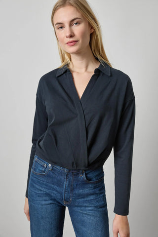 Faux Wrap Collared Top, Black