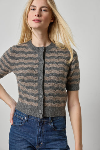 Short Sleeve Crewneck Cardigan, Graphite Stripe