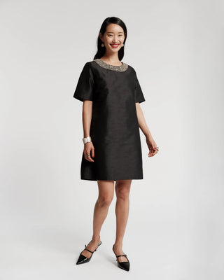 Tabby Shift Dress w/Jewel Collar, Black