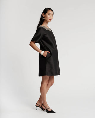 Tabby Shift Dress w/Jewel Collar, Black