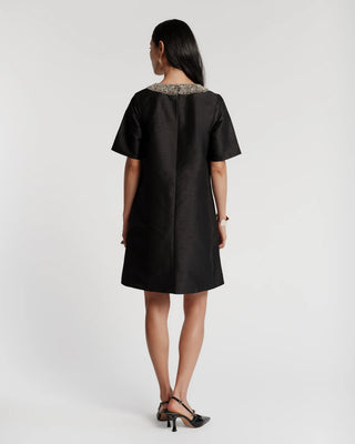 Tabby Shift Dress w/Jewel Collar, Black