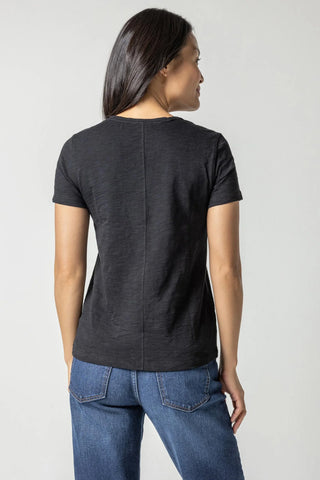 V-Neck Short Sleeve Back Seam Tee, Black