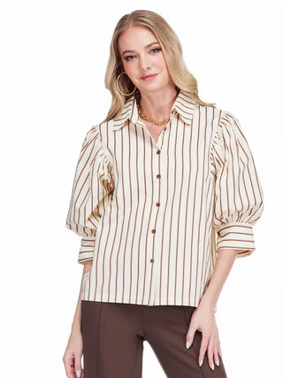 Puff Sleeve Shirt, Brown Stripe