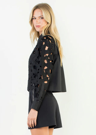 Eyelet Long Sleeve Top, Black