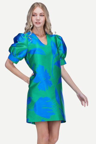 V-Neck Puff Sleeve Dress, Green Floral