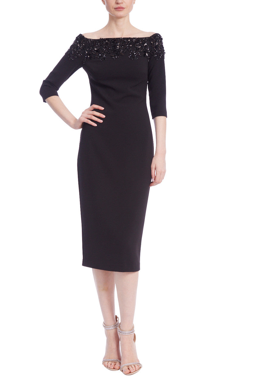 Badgley Mischka Embellished Boatneck Fitted Cocktail Dress, Black Badgley Mischka Embellished Boatneck Fitted Cocktail Dress, Black