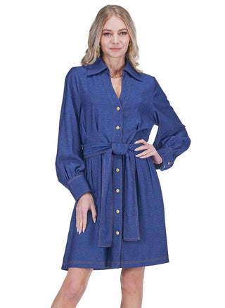 Collar Waist Pleated Shirtdress, Denim