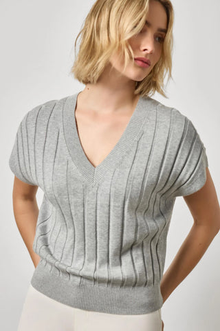 Wide Rib V-Neck Sweater, Heather Grey