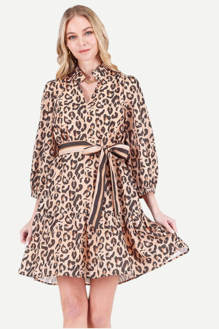 Split Neck Flounce Dress, Brown Leapard
