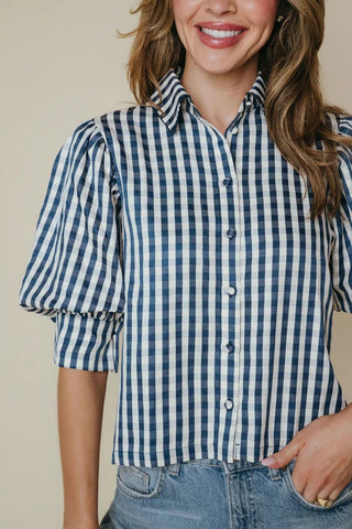 Strahley Top, Navy and Cream Check