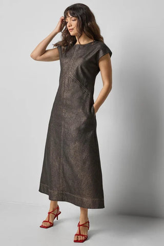 Metallic Seamed Maxi Dress, Copper Denim