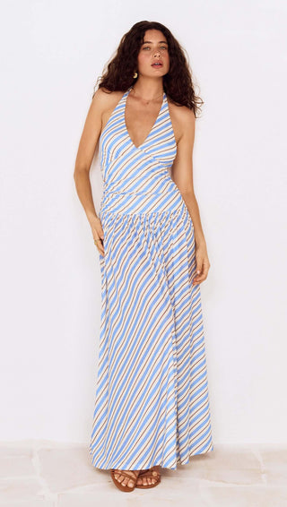 Sancia Halter Neck Midi Dress, Blue/White Stripe