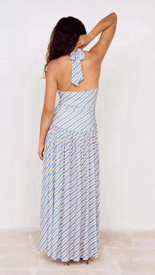 Sancia Halter Neck Midi Dress, Blue/White Stripe
