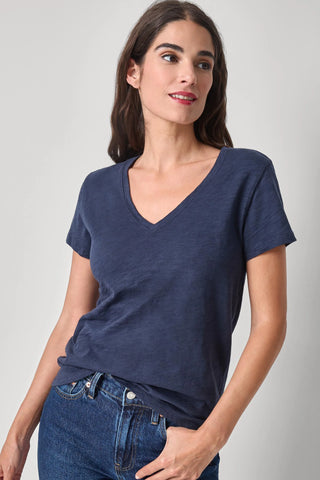V-Neck Short Sleeve Back Seam Tee, Navy