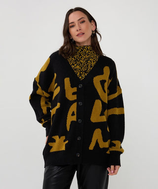 Cardigan Intarsia, Black/Garden Olive
