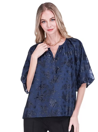 Puff Sleeve Peasant Top, Navy