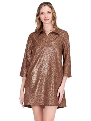 Placket Bell Sleeve Dress, Golden Leopard