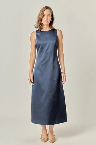 Satin Sleeveless Midi Dress, Navy
