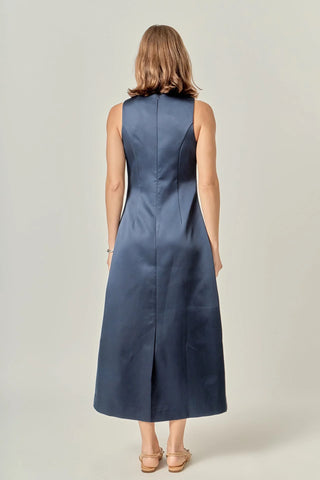 Satin Sleeveless Midi Dress, Navy