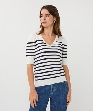 Sweater Short Sleeve Stripe Knit, Off White/Navy