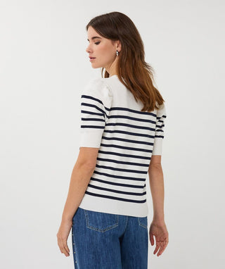 Sweater Short Sleeve Stripe Knit, Off White/Navy