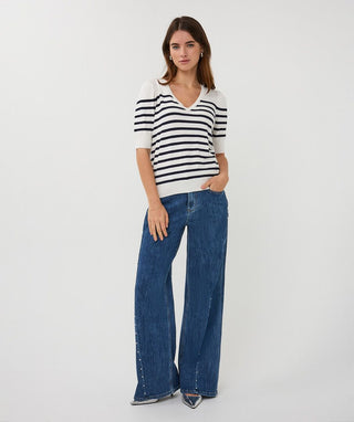Sweater Short Sleeve Stripe Knit, Off White/Navy